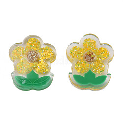 Transparent Epoxy Resin Cabochons, with Paillettes and Glitter Powder, Flower, Yellow, 29x23x7mm