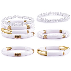 4 set di braccialetti elastici in tubo curvo in acrilico stile 4 pezzi, bracciali impilabili da donna in pasta polimerica e perline di vetro, bianco, diametro interno: 2-1/8 pollice (5.3 cm), 1pc / style