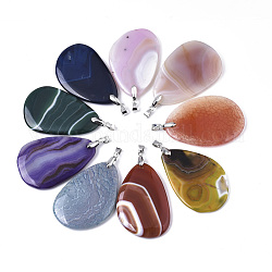 Natural Agate Big Pendants, with Platinum Plated Brass Pinch Bails, Dyed, Teardrop, Mixed Color, 58~59x38~40x5~7mm, Hole: 4x5mm