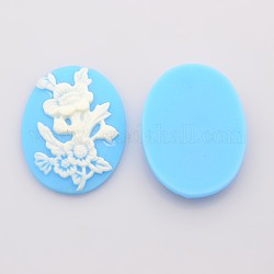 Resin Flower Cameo Cabochons, Oval, Sky Blue, 29.4x39.4x7mm