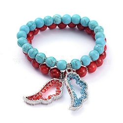 Ensemble de bracelets extensibles, bracelets empilables, avec des perles synthétiques turquoise(teintes), galvanoplastie perles de verre et pendentifs en alliage, 2-1/8 pouce (5.5 cm), 2 pièces / kit