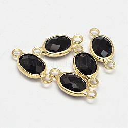 Oval Faceted Golden Brass Glass Links connectors, Black, 15x7x3.2mm, Hole: 1mm