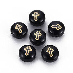 Perles vernissées manuelles, avec ornements en métal gravé en laiton doré, plat et circulaire avec croix, noir, 8x5~6mm, Trou: 0.8mm