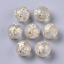 Perles de résine imprimées translucides, mat, rond avec motif sakura, clair, 14mm, Trou: 2mm