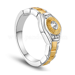 SHEGRACE Brass Finger Ring, with Watch Chain and Micro Pave AAA Cubic Zirconia Eye with Real 18K Gold Plated Round, Platinum & Golden, 19mm