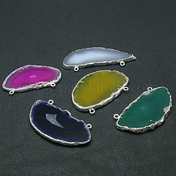 Galvaniques agate naturelle et teints gros pendentifs, avec des accessoires en laiton plaqué argent, couleur mixte, 26~52x51~89x4~6mm, Trou: 4~6mm