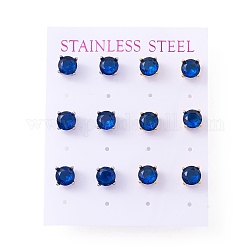 6 par de aretes redondos planos con circonita cúbica, 304 joyería de acero inoxidable para mujer., color mezclado, azul medio, 7mm, pin: 0.7 mm