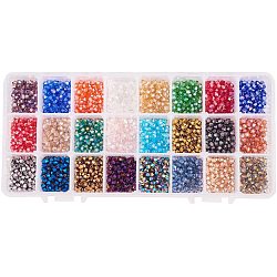 Perles de verre galvanisées 24 couleurs, arc-en-ciel plaqué, toupie avec facettes, couleur mixte, 4x4~4.5mm, Trou: 1mm, à propos 80~90pcs / couleur, 24color / boîte