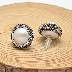 Plats ronds clous d'oreille perle, avec strass et épingles en laiton plaqué platine, blanc, 13mm, pin: 0.8 mm