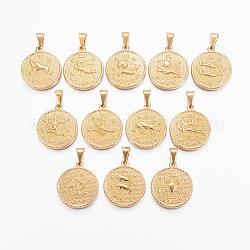 304 Stainless Steel Pendant Sets, Flat Round with Twelve Constellation/Zodiac Sign, Real 18K Gold Plated, 29x25x3.2mm, Hole: 9x4.5mm, 12pcs/set