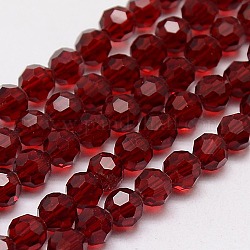 Chapelets de perles en verre, facetté (32 facettes), ronde, rouge foncé, 8mm, Trou: 1.5mm, Environ 66~67 pcs/chapelet, 15.12 pouce ~ 15.35 pouces (38.4~39 cm)