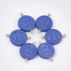 Conectores de eslabones de porcelana hechos a mano, esmerilado, con fornituras de latón, redondo y plano con la constelación, Platino, azul, Aries, 22x15~15.5x3mm, agujero: 1.5 mm