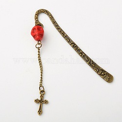 Dyed Synthetic Turquoise Skull Bookmarks, Tibetan Style Alloy Findings with Iron Chains and Alloy Cross Pendants, Antique Bronze, Red, 79mm, Skull: 10x12mm, Cross: 19x10x2mm