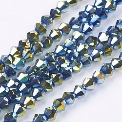 Chapelets de perles en verre électroplaqué, facette, Toupie, vert de mer clair, 4x4mm, Trou: 1mm, Environ 92~96 pcs/chapelet, 13.78~14.37 pouce.