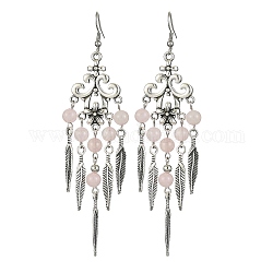Boucles d'oreilles lustre en perles de quartz rose naturel, Boucles d'oreilles à pampilles en plumes en alliage avec 304 épingle en acier inoxydable, 102x30mm