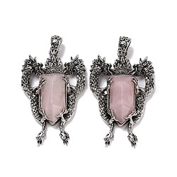 Gros pendentifs à facettes en quartz rose naturel, breloques de dragon, avec accessoires en alliage plaqués argent antique, 52x33x8mm, Trou: 6x4mm