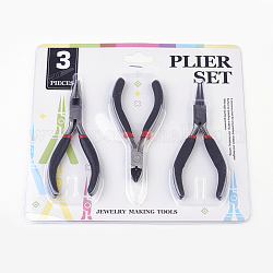 DIY Jewelry Tool Sets, Polishing Side Cutting Pliers, Wire Cutter Pliers and Round Nose Pliers, Black, Gunmetal, 105~125x61~62mm, 3pcs/set