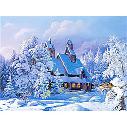 Diyの冬の雪に覆われた家の風景ダイヤモンド塗装キット  樹脂ラインストーン入り  ダイヤモンド付箋  トレープレートと接着剤クレイ  カラフル  300x400mm