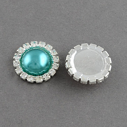Garment Accessories Half Round ABS Plastic Imitation Pearl Cabochons, with Grade A Rhinestone and Brass Cabochon Settings, Silver Color Plated, Light Sea Green, 14.5x4mm