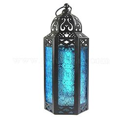 Retro-Elektrophorese schwarz plattiertes Eisen Ramadan-Kerzenlaterne, tragbarer dekorativer Hängelampen-Kerzenhalter aus Glas für die Heimdekoration, Deep-Sky-blau, 95x80x250 mm