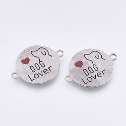 304 Stainless Steel Links connectors, with Enamel, Love Pet Theme, Flat Round with Word Dog Lover, Stainless Steel Color, 21x15.5x0.7mm, Hole: 1.4mm