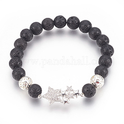 Stretch Bracelets, with Long-Lasting Plated Electroplated Natural Lava Rock, Natural Lava Rock and Brass Cubic Zirconia Beads, Star, Platinum & Silver, 2-3/8 inch(6cm)