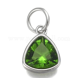 304 Stainless Steel Cubic Zirconia Pendant, Triangle, Stainless Steel Color, Olive Drab, 12.5x9.5x5mm, Hole: 5mm