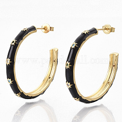 Brass Micro Pave Colorful Cubic Zirconia Stud Earrings, Half Hoop Earrings, with Enamel and Ear Nuts, Real 18K Gold Plated, Sun Pattern, Black, 34~35x34.5x4mm, Pin: 0.7mm
