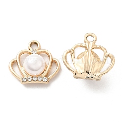 Ciondoli in lega di placcatura uv, con strass di cristallo e perle di plastica imitazione abs, charms corona, oro, 18x19x18.5mm, Foro: 2.5 mm