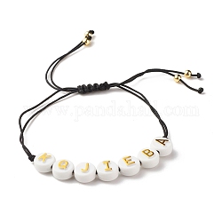 Bracelet en perles tressées rondes plates en acrylique avec lettres pour femmes, noir, diamètre intérieur: 3/4~3 7/8 pouces (2~9.7 cm)