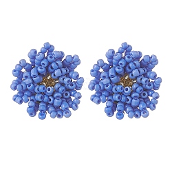 Boucles d'oreilles à tiges de fleurs en perles de verre tressées, bijoux en acier inoxydable doré 304 pour femme, bleu royal, 25~27x22~23mm, pin: 0.8 mm