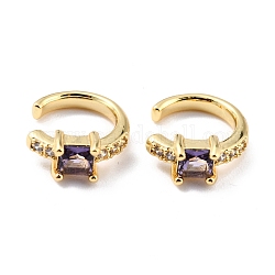 Brass Micro Pave Cubic Zirconia Cuff Earrings, Real 18K Gold Plated, Ring, Purple, 13x2.5mm