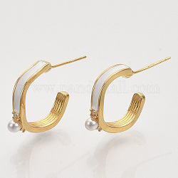 Brass Micro Pave Cubic Zirconia Stud Earrings, with Enamel, ABS Plastic Imitation Pearl, Nickel Free, Real 18K Gold Plated, White, 17x3.5x18mm, Pin: 0.7mm