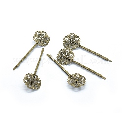 Железные фурнитуры шпильки Bobby Pin, с сеттингами передних панелей латуни филигрань цветок кабошон, без никеля , античная бронза, 62.5x2 мм