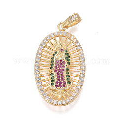 Religion Theme Brass Micro Pave Cubic Zirconia Pendants, Lady of Guadalupe Charms, Oval with Virgin Mary, Colorful, Golden, 31.5x17.5x3mm, Hole: 2.5x4mm