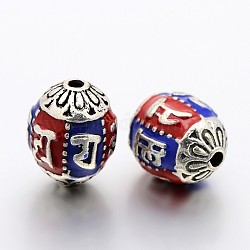 Antique Silver Tone Brass Enamel Beads, Oval Carved Om Mani Padme Hum, Cadmium Free & Lead Free, Colorful, 13x16mm, Hole: 2mm