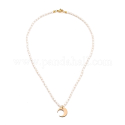 Moon Brass Pendant Necklaces, with Natural Cultured Freshwater Pearl Beads and 304 Stainless Steel Lobster Claw Clasps, Golden, 15.35 inch(39cm)