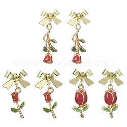 3 paio di orecchini pendenti con rosa smaltata in 3 stili e fiocco, orecchini pendenti in lega con 925 perno in argento sterling, rosso, 29~33.5mm, 1 paio/stile