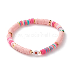 Polymer Clay Heishi Beads Stretch Bracelets, with Acrylic Enamel Heart Beads and Brass Beads, Pink, Inner Diameter: 2-1/4 inch(5.7cm)
