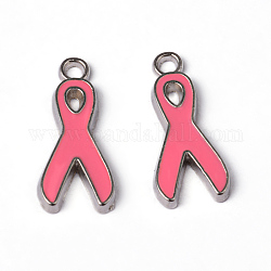 Сплавочные эмалевые подвески розовой ленты символа борьбы против рака молочной железы  , без свинца и без кадмия, Платиновый металл, 19x8x1 мм, отверстие : 2 мм