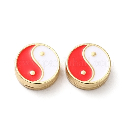Emaille-Perlen aus Zahnstangenbeschichtung, flach rund mit Yin-Yang-Muster, golden, rot, 11x4 mm, Bohrung: 1.6 mm