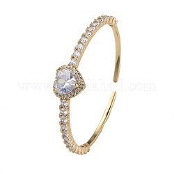 Bracelet manchette ouvert coeur zircone cubique, véritables bijoux en laiton plaqué 18k or véritable pour femmes, clair, diamètre intérieur: 2-1/8 pouce (5.4 cm)