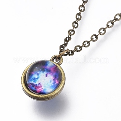 Glass Pendant Necklace, with Alloy Cable Chains and Lobster Claw Clasps, Cadmium Free & Lead Free, Round, Galaxy Pattern, 20.07 inch(51cm), Pendants: 18x15x14mm