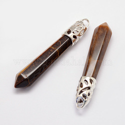 Natural Tiger Eye Big Pointed Pendants, with Alloy Findings, Bullet, Platinum, 57~63x13x10mm, Hole: 3x4mm