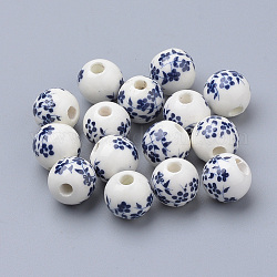 Perles de porcelaine imprimées manuelles, ronde, bleu de Prusse, 10mm, Trou: 3mm