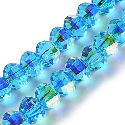 Transparentes cuentas de vidrio electroplate hebras, color de ab chapado, facetados, rerondana plana, cielo azul profundo, 7.8x5.8~6.3mm, agujero: 1.5 mm, aproximamente 80 pcs / cadena, 18.31''~19.88'' (46.5~50.5 cm)