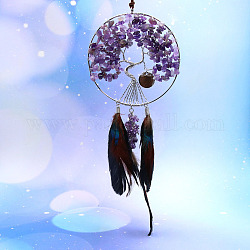 Woven Net/Web with Feather Natural Amethyst Chips Pendant Decorations, with Wire Wrapped Flat Round with Tree of Life, for Home, Car Interior Ornaments, Black, 200~250mm