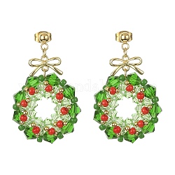 Boucles d'oreilles pendantes en verre avec couronne de Noël, 304 bijoux en acier inoxydable, colorées, 41~42x26.5~27mm