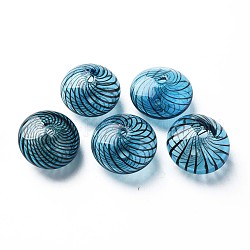 Perle di globo di vetro soffiato a mano trasparente, motivo a strisce, rotondo e piatto, Blue Steel, 11~13x19~20mm, Foro: 1~2 mm