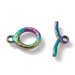 Ionenbeschichtung (IP) 304 Edelstahl-Knebelverschlüsse, strukturiert, Ring, Regenbogen-Farb, Ring: 16x12x2 mm, Bohrung: 2 mm, Bar: 18x6x2 mm, Bohrung: 2 mm